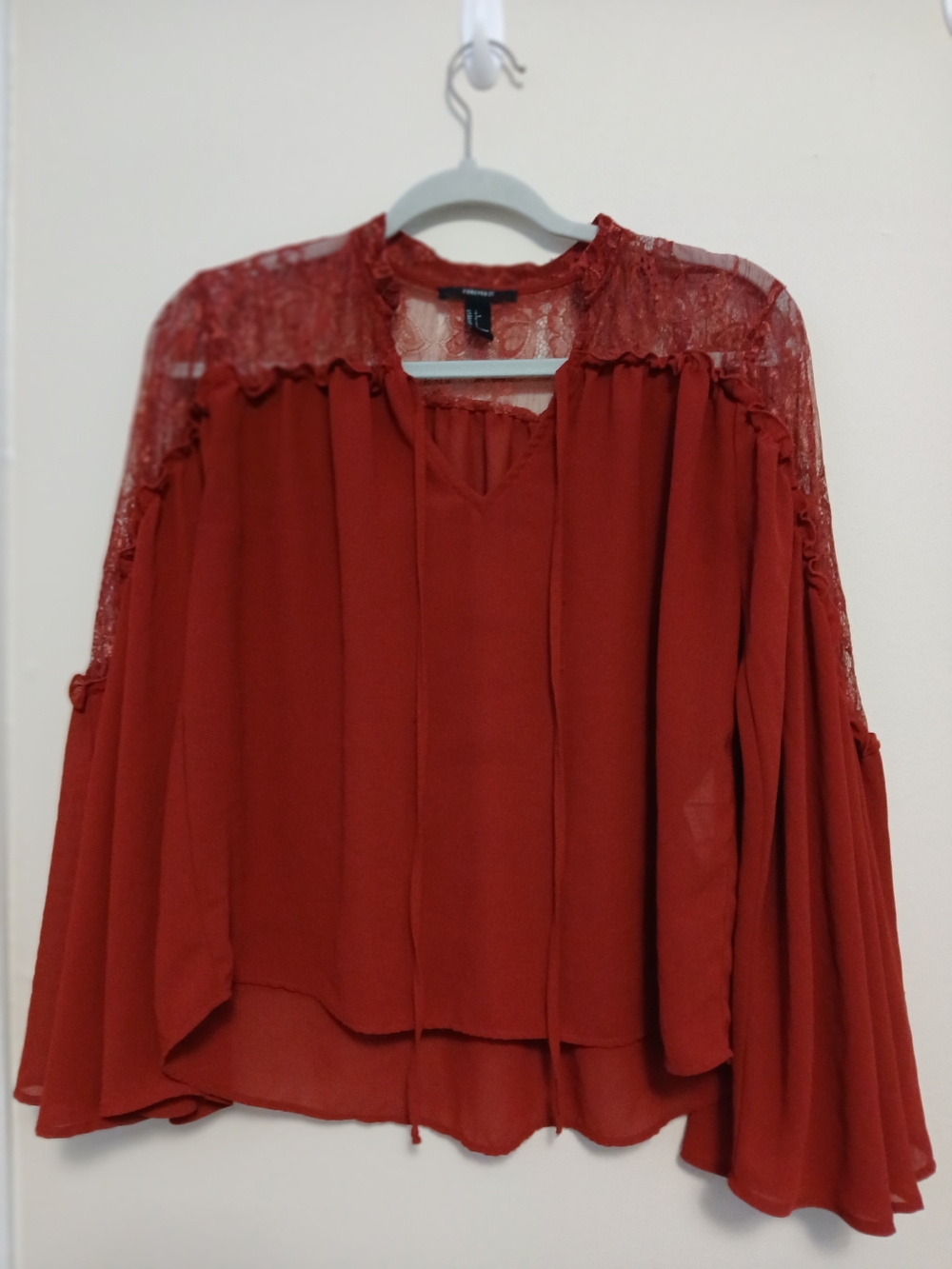 Forever 21 Rust Red Lace-Yoke Tie Neck Blouse